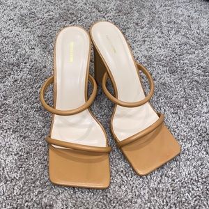 Tan PU Extreme Square Toe Twin Strap Mule High Heel